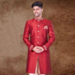 Men's Red Jacquard Indo Western