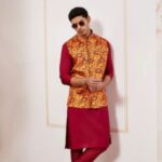 Maroon Silk Blend Jacket, Kurta And Pyjama Set